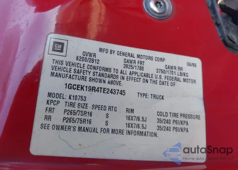 1996 Chevrolet Gmt-400 K1500 from USA, damaged, VIN 1GCEK19R4TE243745